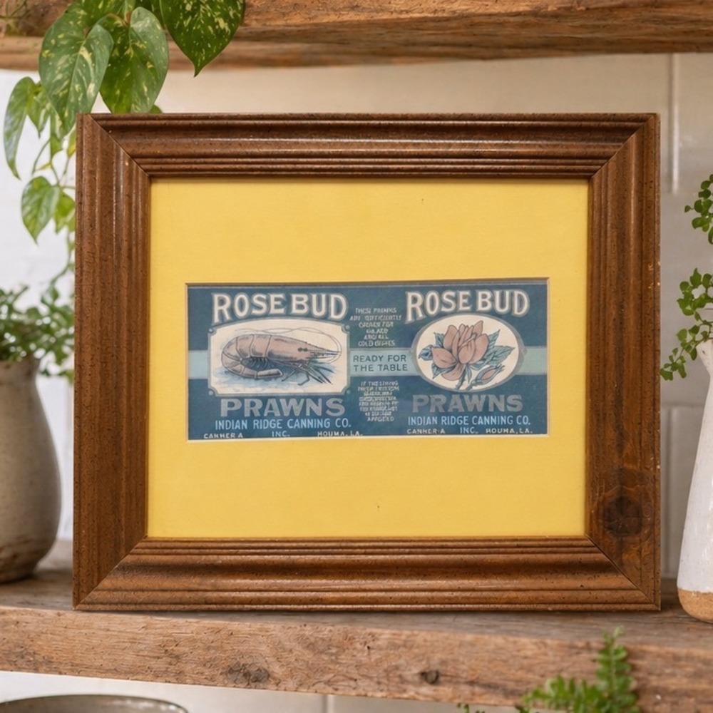Vintage Rose Bud Prawns Can Label Framed Indian Ridge Canning Co Houma Louisiana